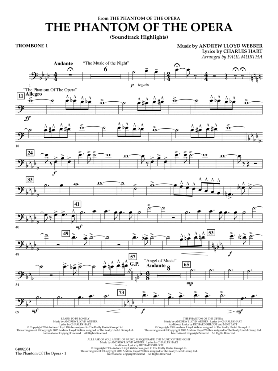 The Phantom Of The Opera (Soundtrack Highlights) (arr. Paul Murtha) - Trombone 1 Concert Band scores gallery preview page 1