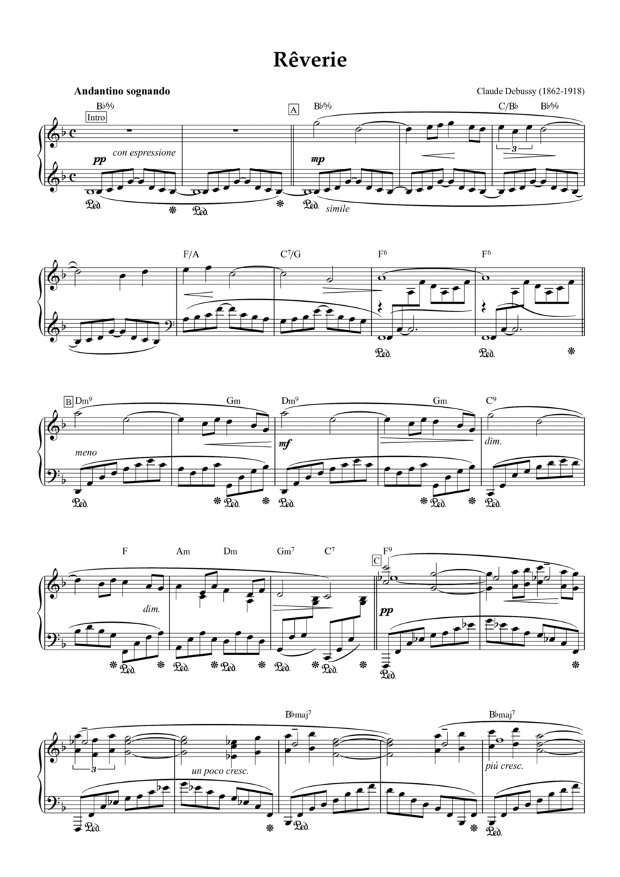 Rêverie - Debussy (Piano with Chords & Lead Sheet) Piano Solo scores gallery preview page 1