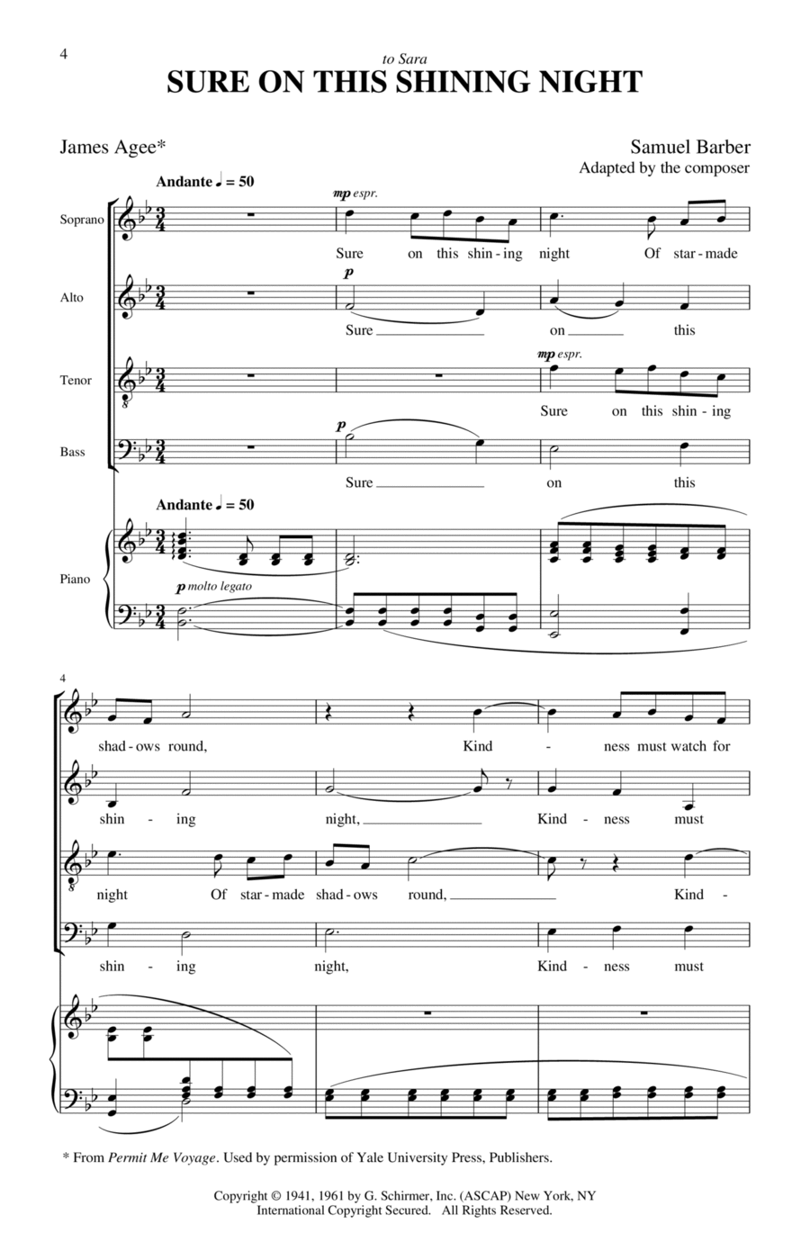 Sure On This Shining Night 4-Part scores gallery preview page 1