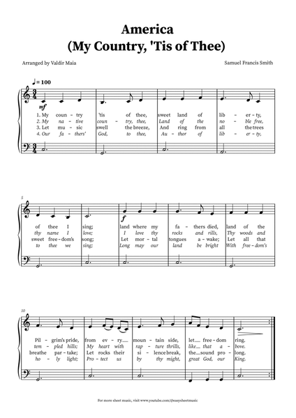 America (My Country, 'Tis of Thee) - Easy Beginner Piano (lyrics) image number null