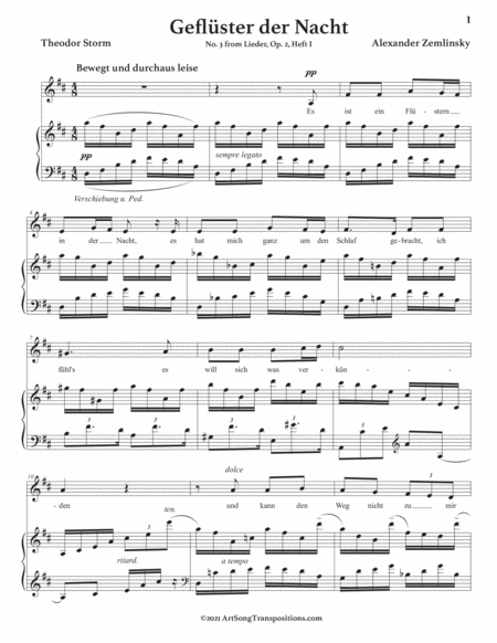 ZEMLINSKY: Geflüster der Nacht, Op. 2 no. 3, Heft I (transposed to D major)