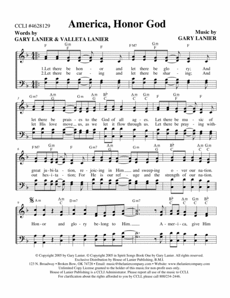 AMERICA, HONOR GOD, Worship Hymn Sheet (Includes Melody, Lyrics, 4 Part Harmony & Chords) image number null