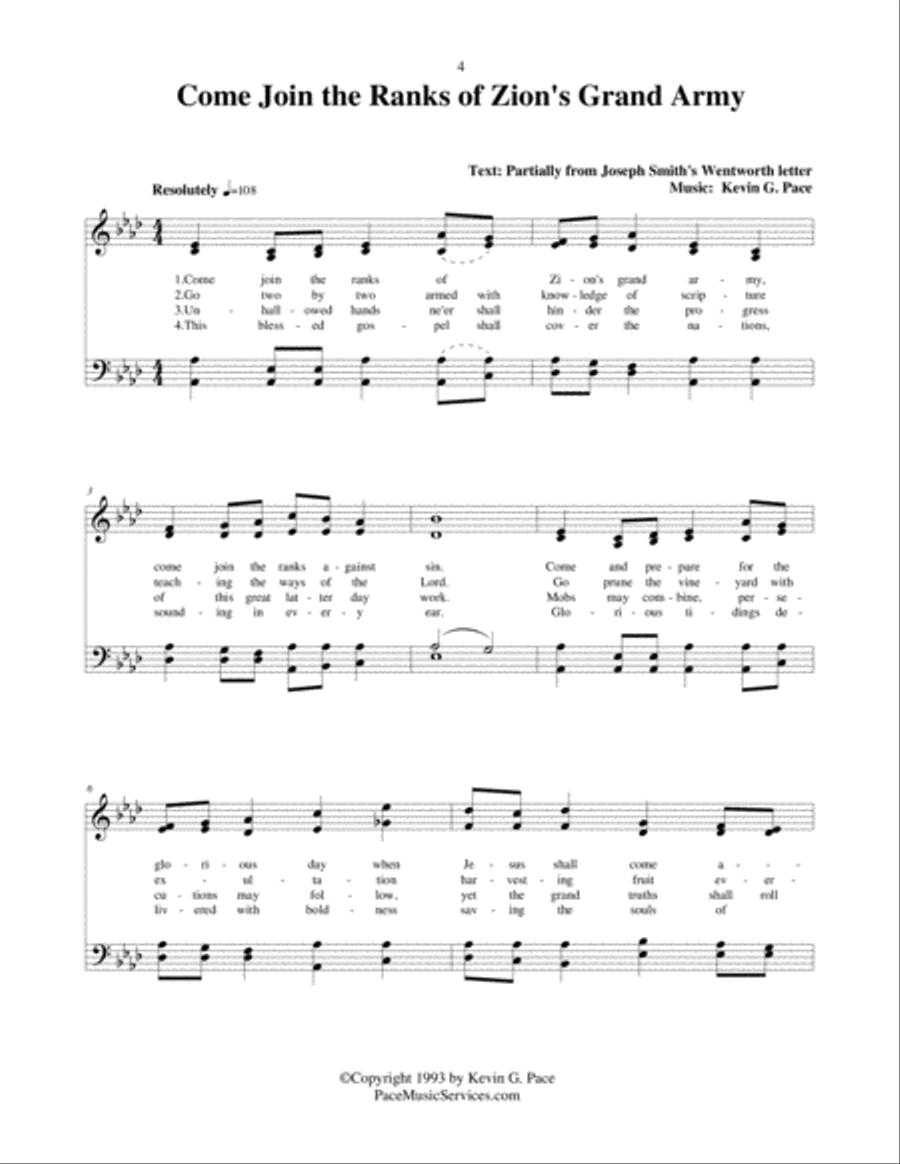 Come Join the Ranks of Zion's Grand Army - an original hymn 4-Part scores gallery preview page 2