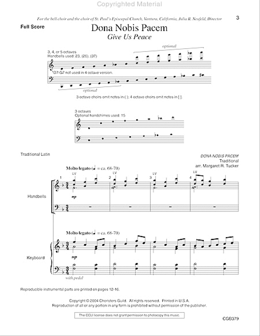 Dona Nobis Pacem with reproducible Instrumental Parts Full Score Handbell Choir scores gallery preview page 2