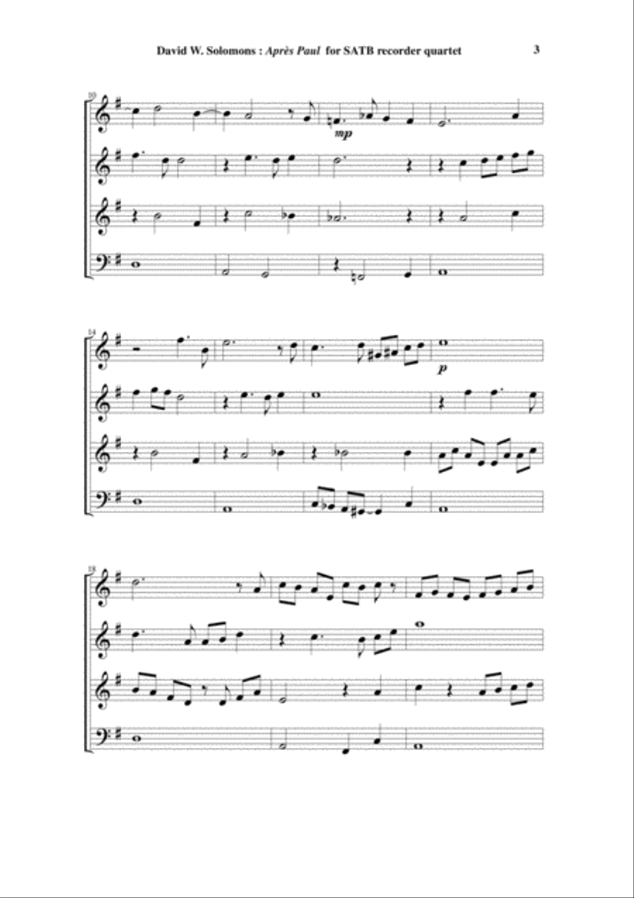 David Warin Solomons: Après Paul for SATB recorder quartet Small Ensemble scores gallery preview page 3