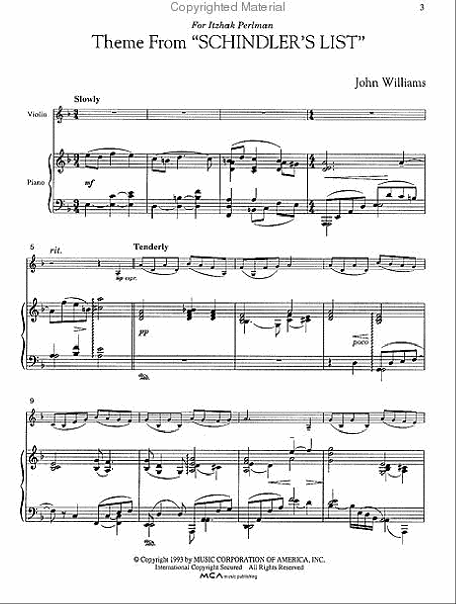 Three Pieces from Schindler's List Violin Solo scores gallery preview page 2