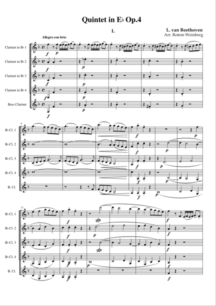 Quintet in Eb Op.4 mvmt.1 - Beethoven (Clarinet Quintet) Clarinet Quintet scores gallery preview page 1