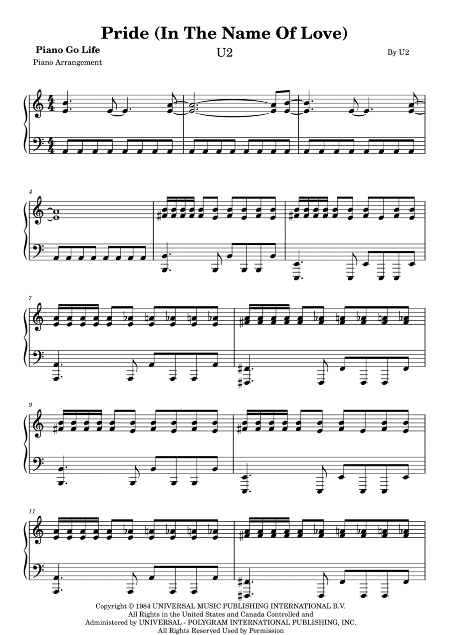 Pride (in The Name Of Love) Piano Solo scores gallery preview page 1