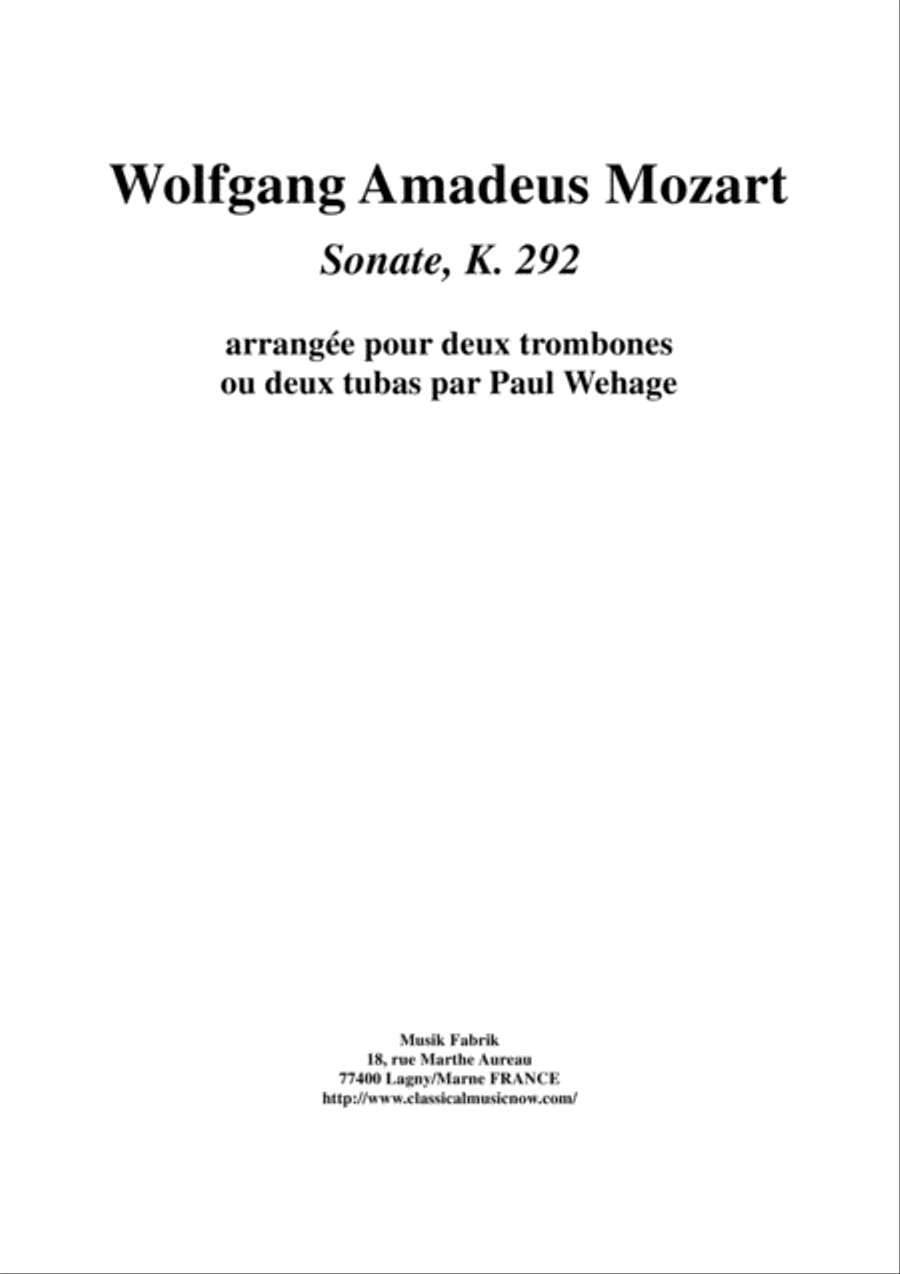 Wolfgang Amadeus Mozart: Sonata in Bb K. 292 for two trombones Trombone Duet scores gallery preview page 1