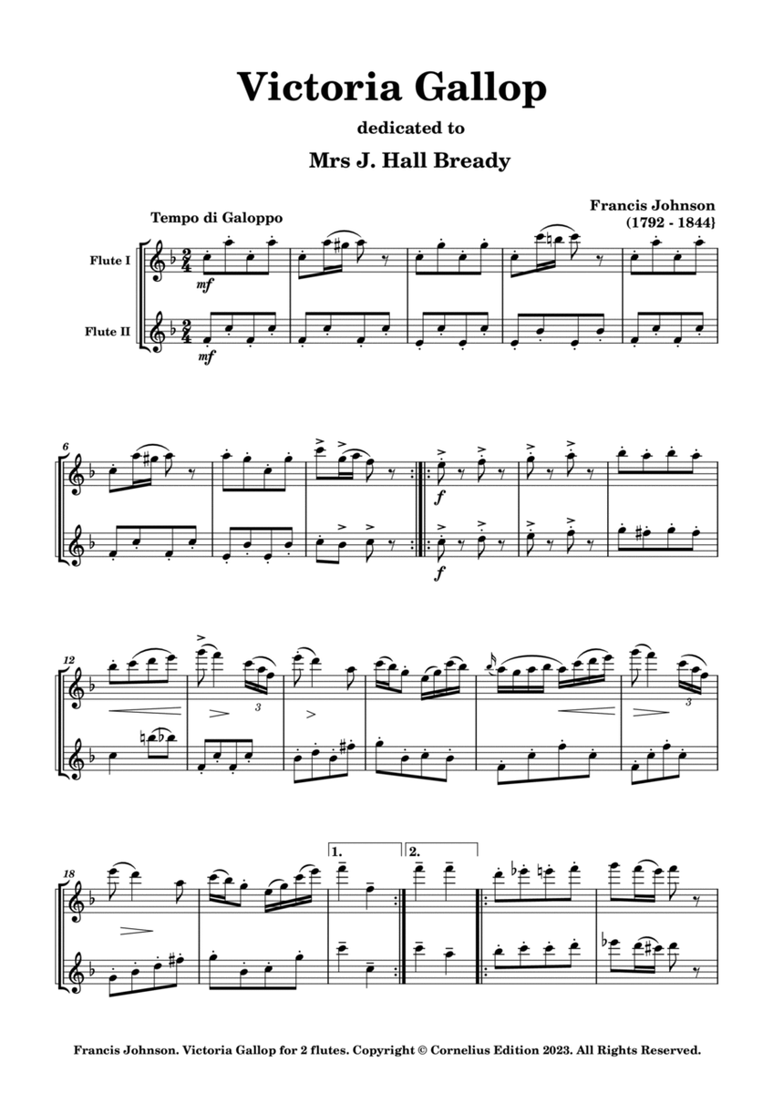 Francis Johnson. "Victoria Gallop" Two flutes. Flute Duet. Score. Woodwind