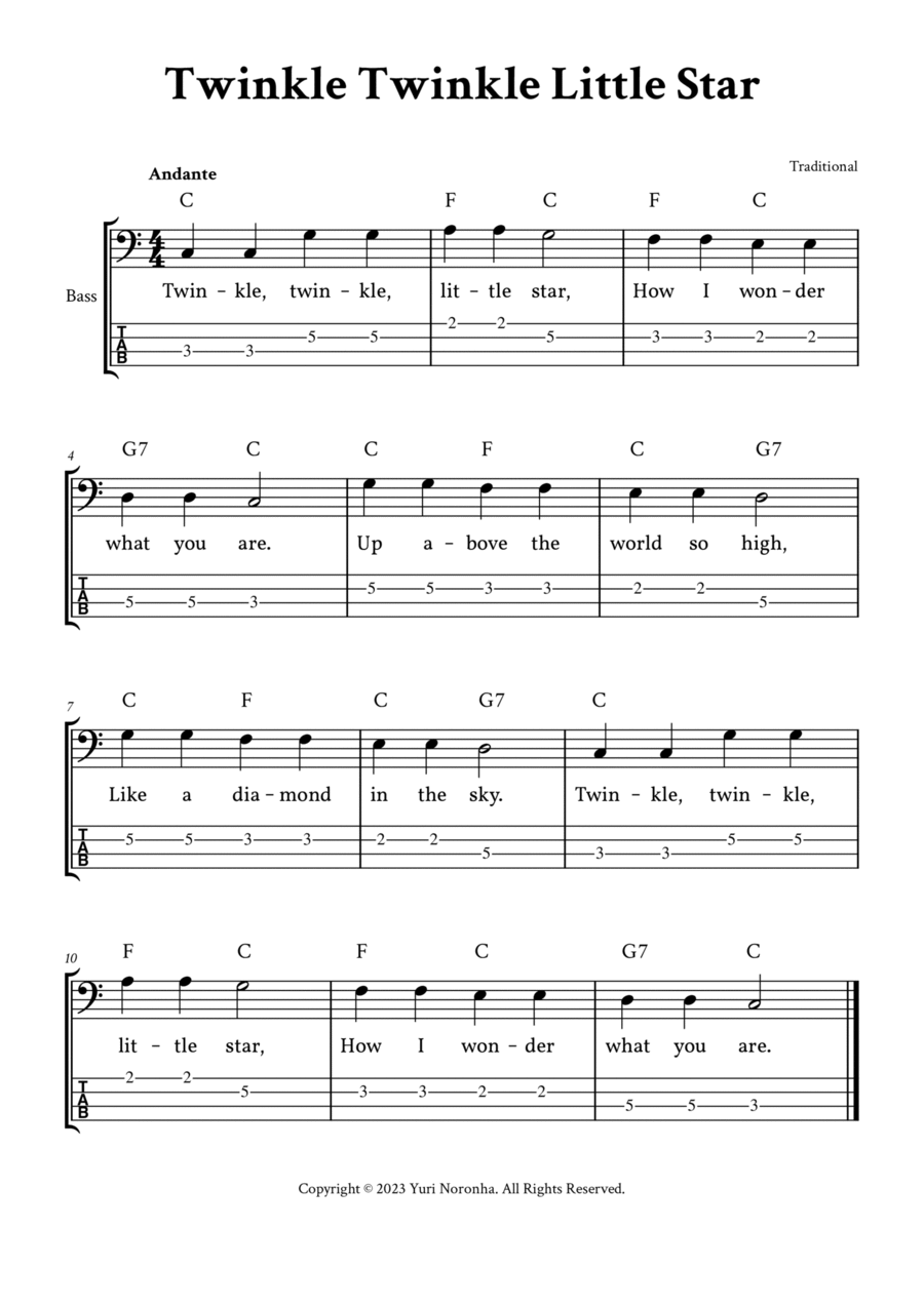 Twinkle Twinkle Little Star - For Bass (C Major with TAB and Lyrics) Bass Guitar scores gallery preview page 1