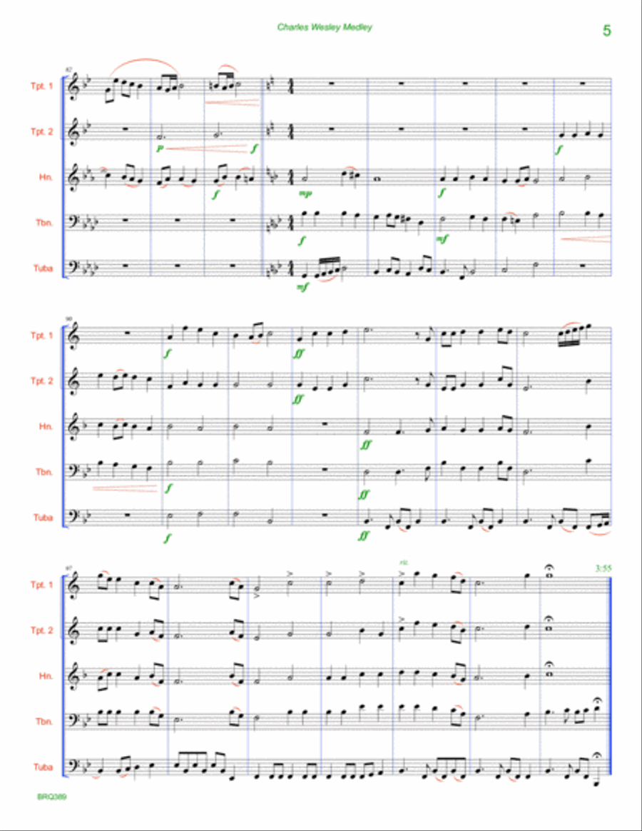 CHARLES WESLEY MEDLEY - unaccompanied BRASS QUINTET (12 hymn medley) Brass Quintet scores gallery preview page 5