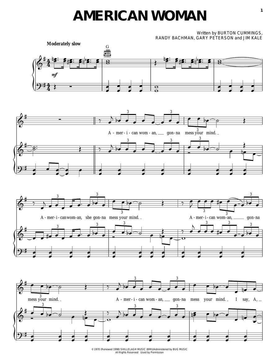 American Woman Piano, Vocal, Guitar scores gallery preview page 1