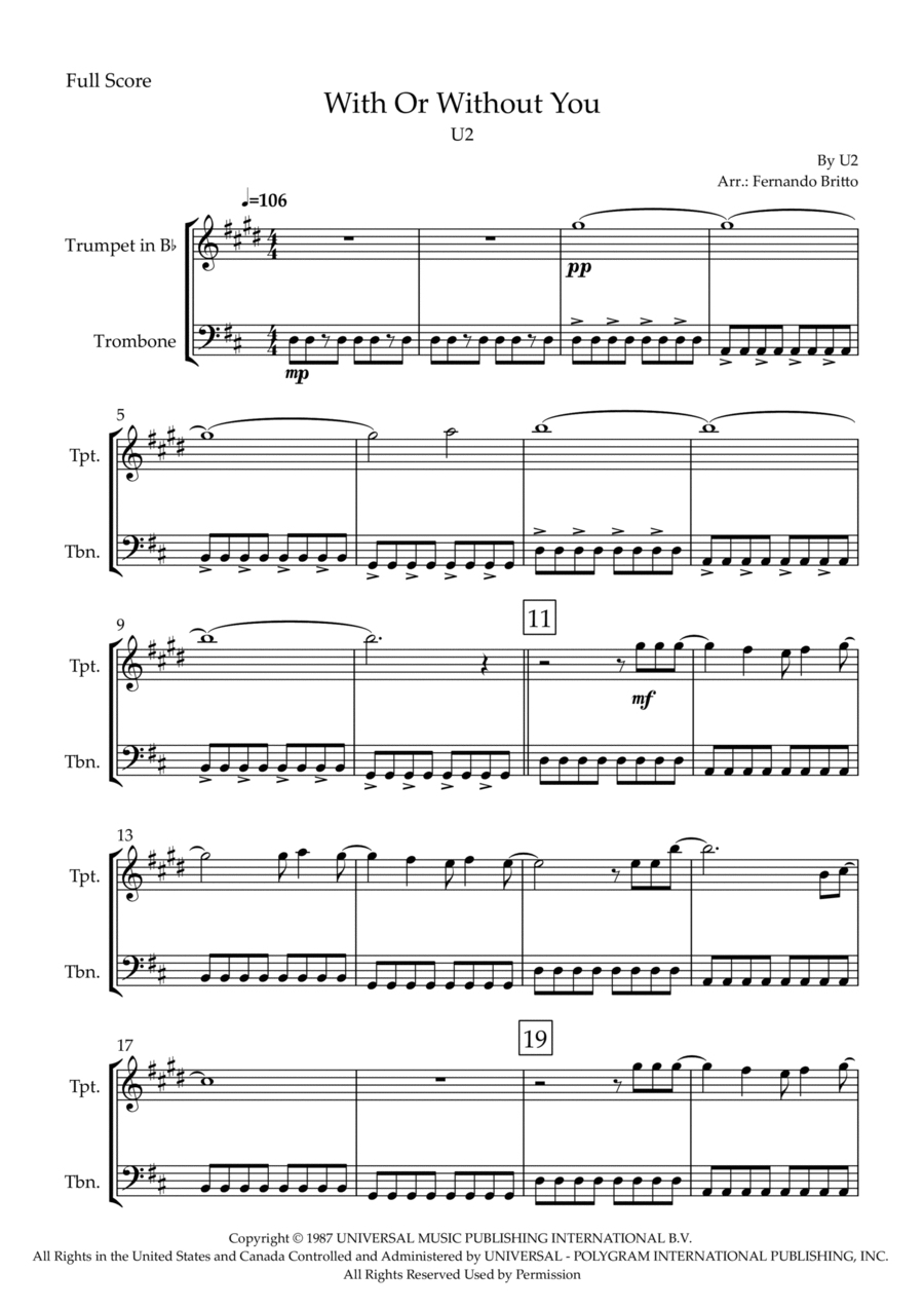 With Or Without You Brass Duet scores gallery preview page 1