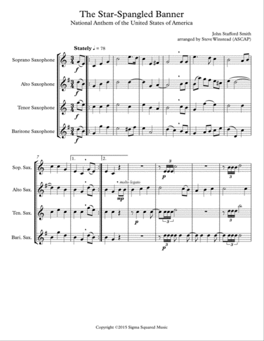 The Star-Spangled Banner for Saxophone Quartet Saxophone Quartet scores gallery preview page 2