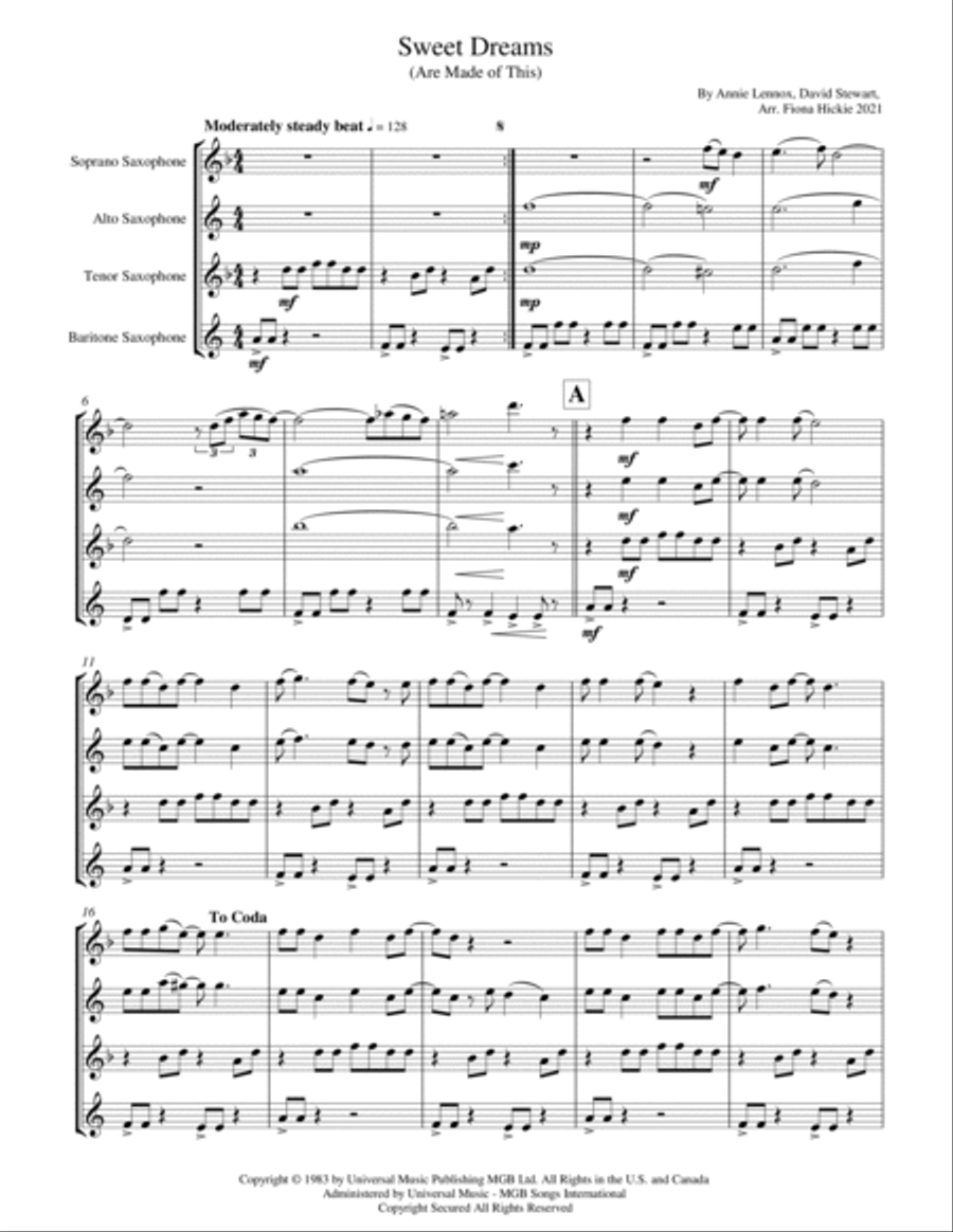 Sweet Dreams (are Made Of This) Saxophone Quartet scores gallery preview page 2