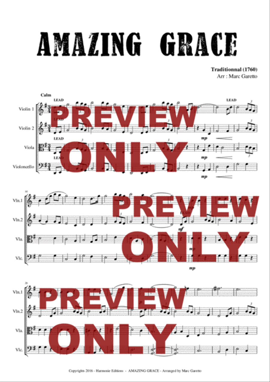 AMAZING GRACE - Traditionnal - for String Quartet or Beginner String Orchestra - Arranged by Marc Ga String Quartet scores gallery preview page 3