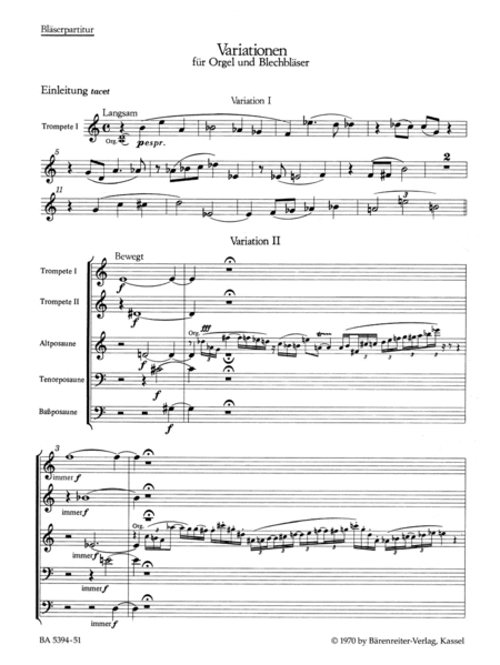 Variations for Organ and Brass Ensemble (two Trumpets and Alto, Tenor and Bass Trombone) (1968)