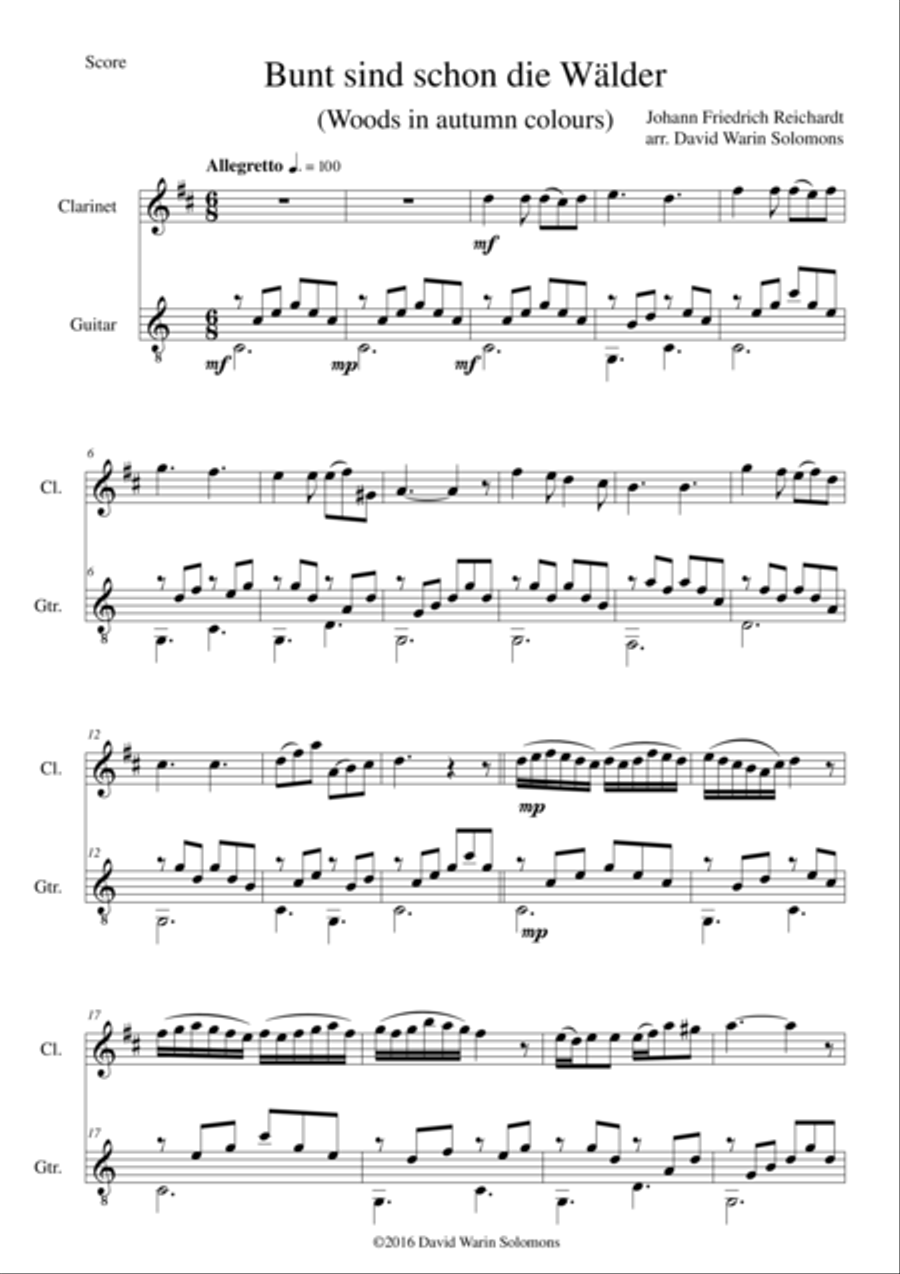 Bunt sind schon die Wälder (Woods in autumn colours) for clarinet and guitar Clarinet scores gallery preview page 1