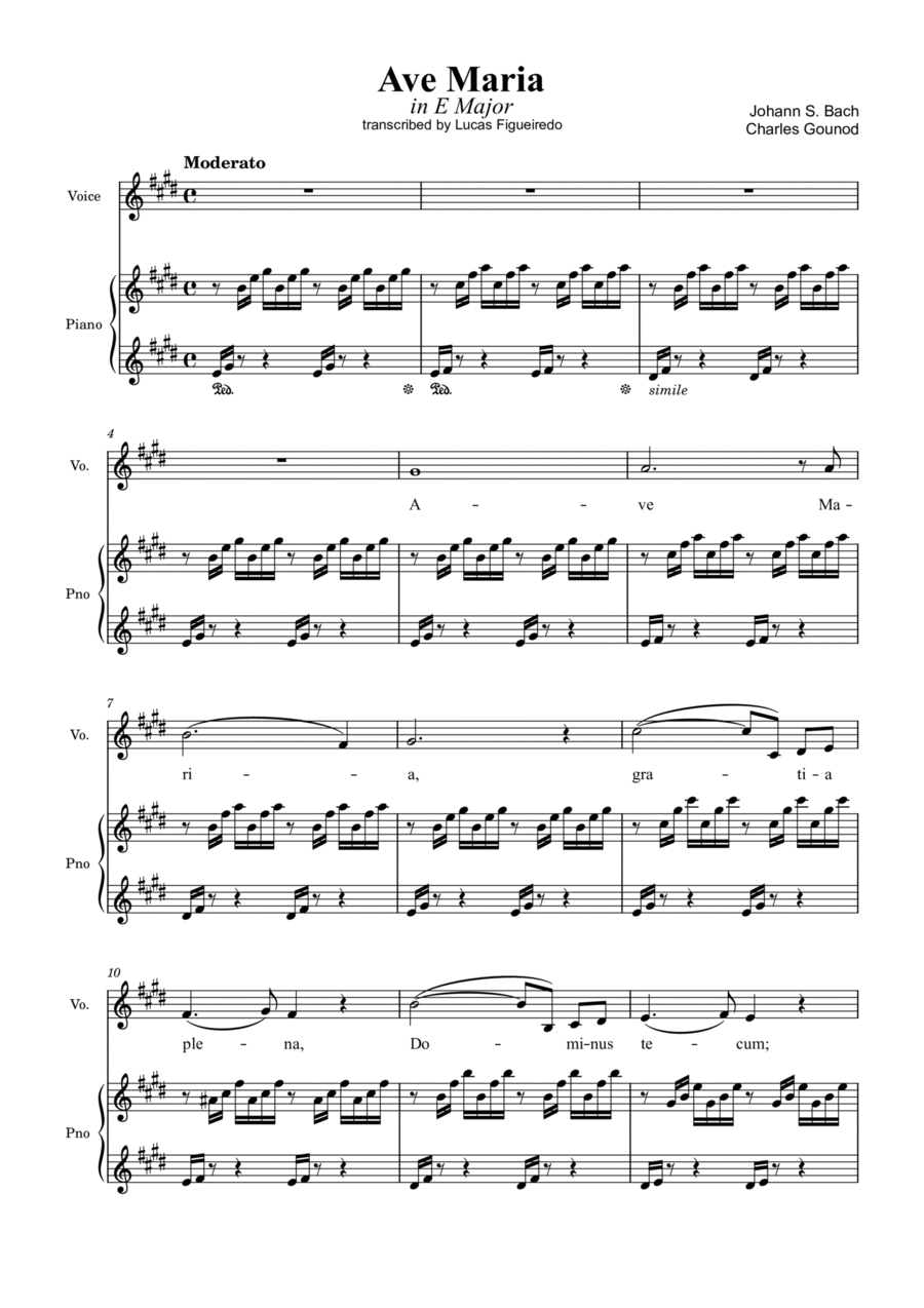 Ave Maria (Bach-Gounod) in E Major for Piano and Voice Ave Maria (Bach-Gounod) in E Major for Piano and Voice Voice scores gallery preview page 1
