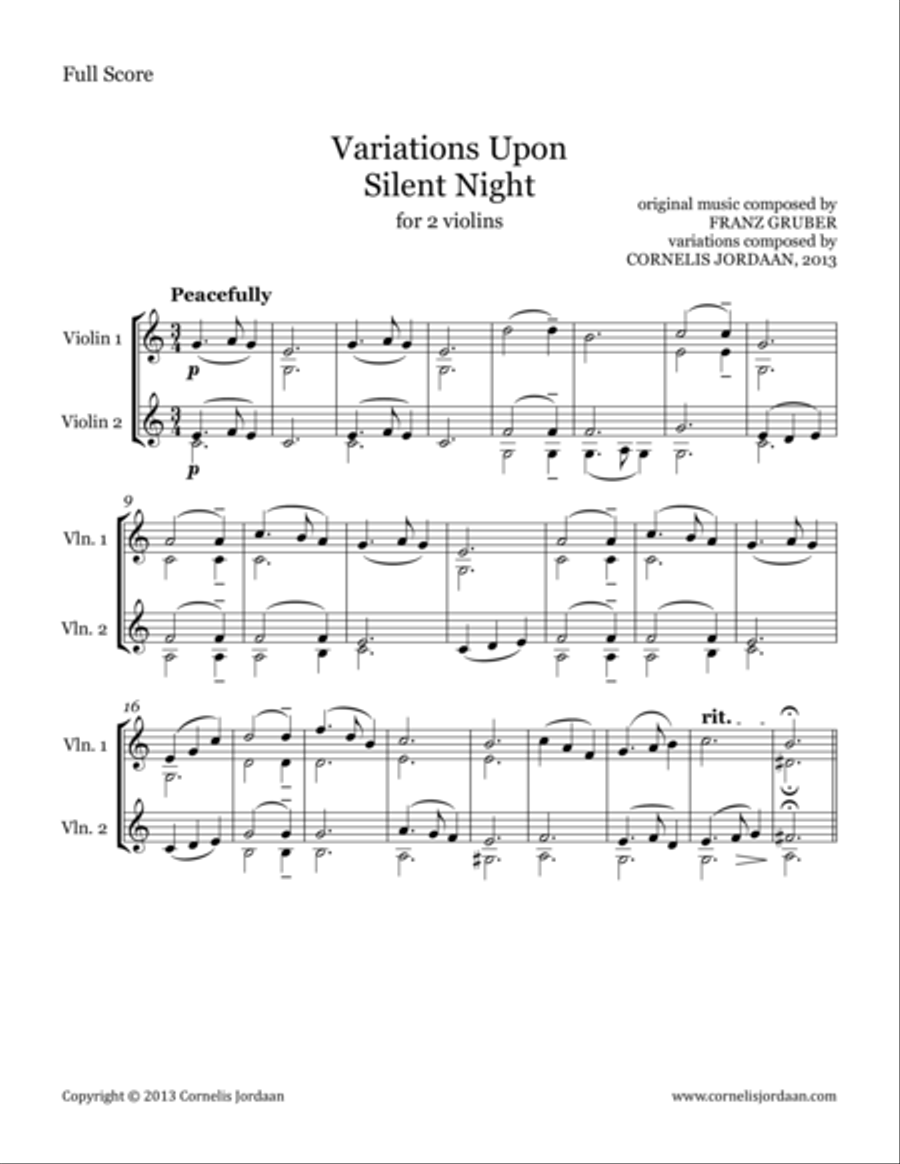 Variations Upon Silent Night, for 2 violins Violin Solo scores gallery preview page 1