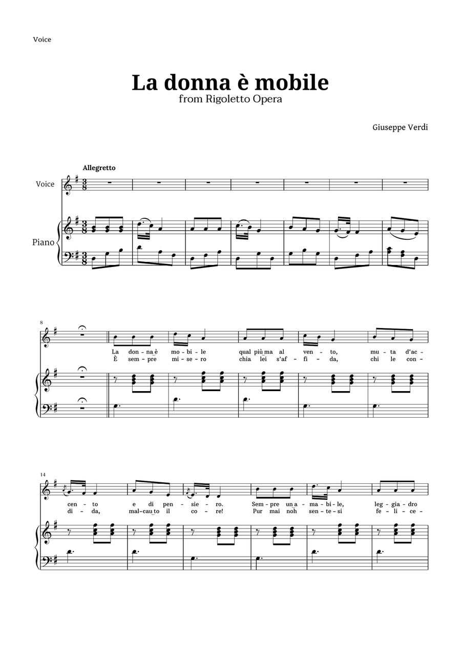 La donna è mobile in G major for Voice and Piano Piano, Vocal scores gallery preview page 1
