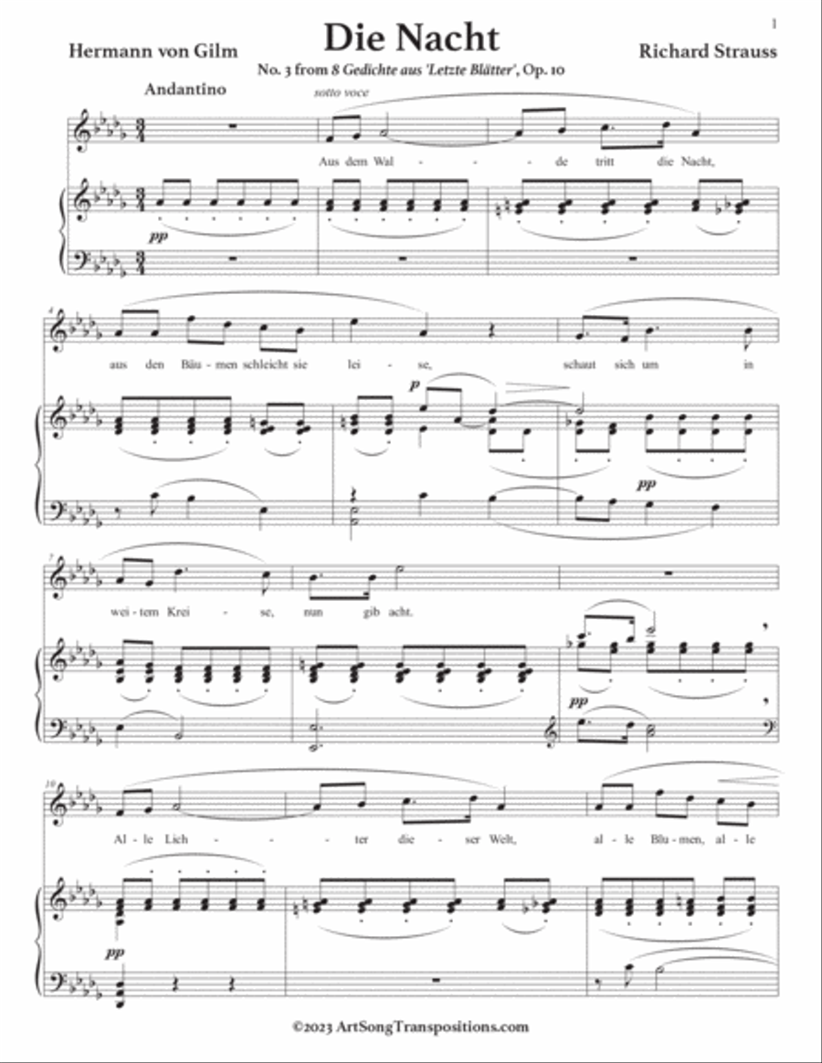 STRAUSS: Die Nacht, Op. 10 no. 3 (transposed to D-flat major) Voice scores gallery preview page 2