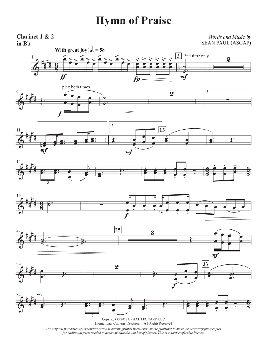 Hymn Of Praise - Bb Clarinet 1 & 2 Choir scores gallery preview page 1