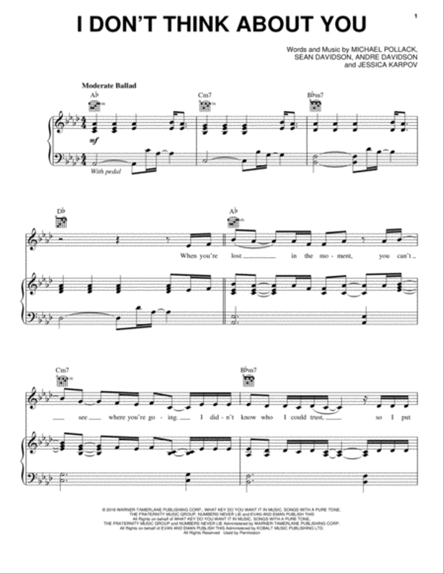 I Don't Think About You Piano, Vocal, Guitar scores gallery preview page 1