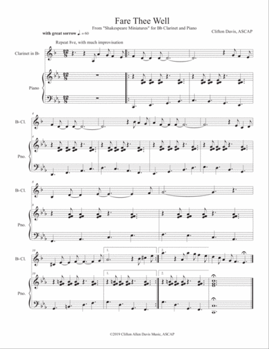 Fare Thee Well (for Bb Clarinet and Piano) from "Shakespeare Miniatures" image number null