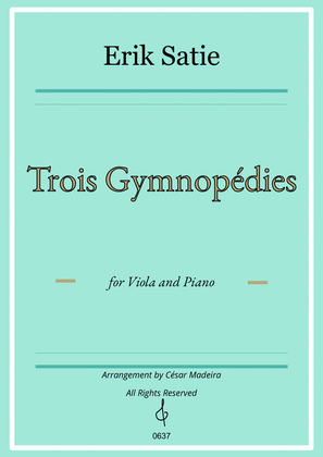 Book cover for Three Gymnopedies by Satie - Viola and Piano (Full Score)