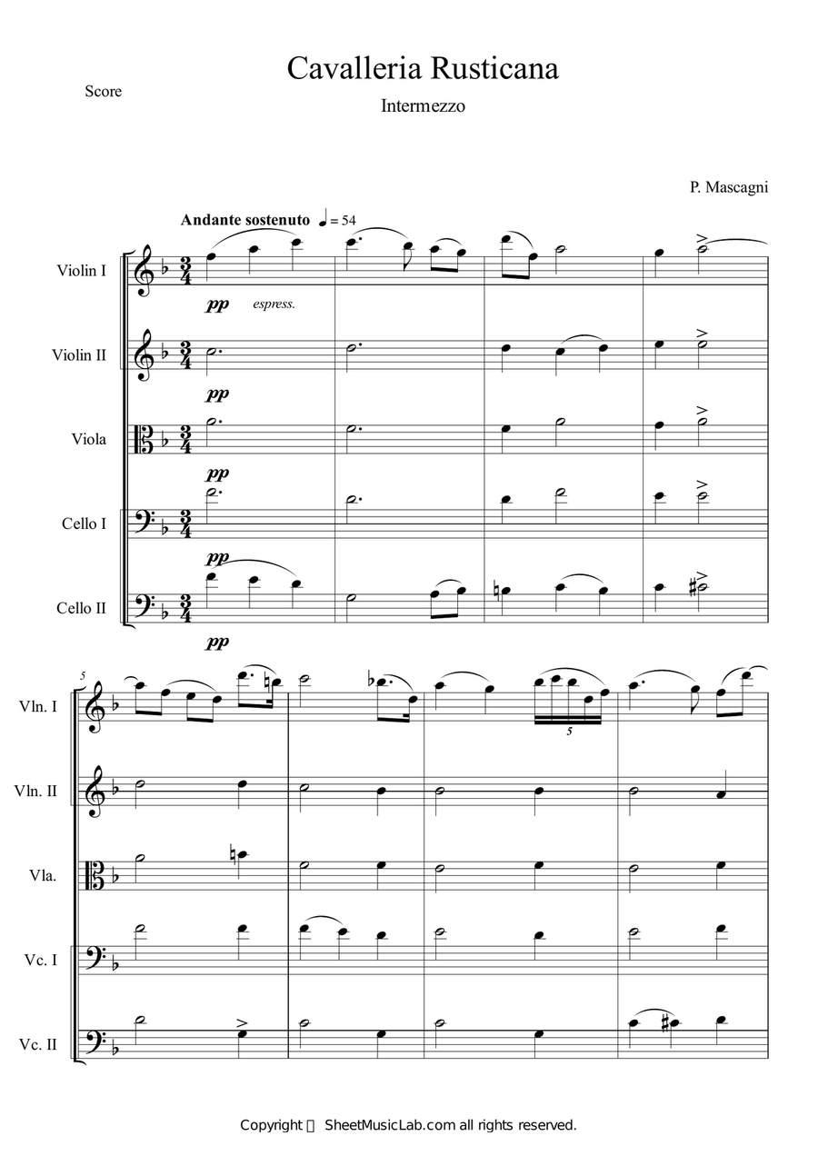 Cavalleria Rusticana by Pietro Mascagni String Quintet - Digital Sheet Music