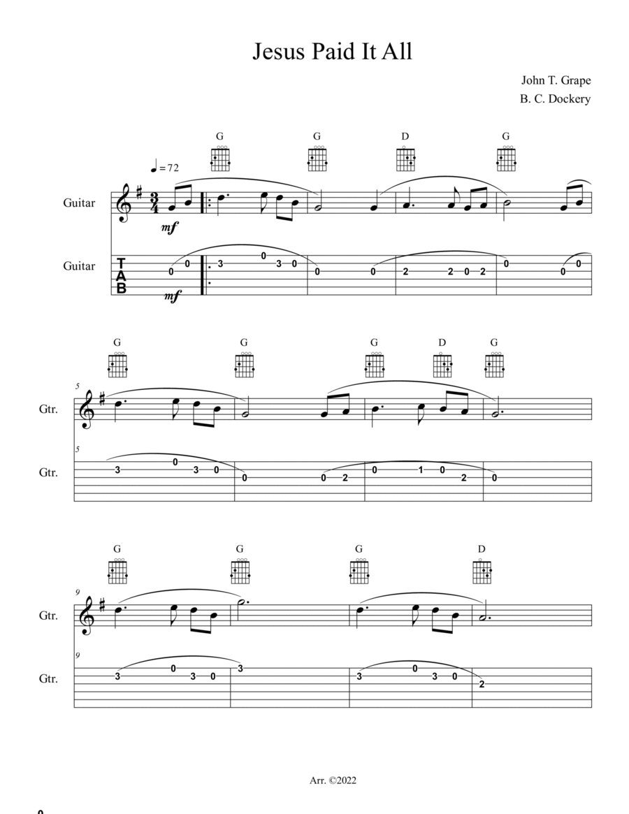 Jesus Paid It All (Guitar Solo or Duet with TAB) Guitar Tablature scores gallery preview page 1