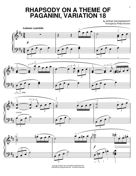 Rhapsody On A Theme Of Paganini, Variation XVIII (from Somewhere in Time) (arr. Phillip Keveren)