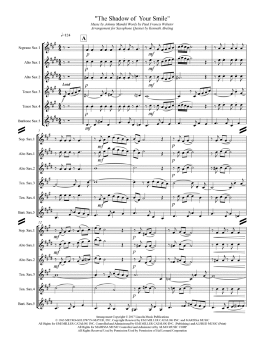 The Shadow Of Your Smile Saxophone Quintet scores gallery preview page 2