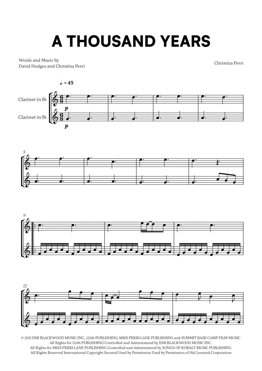 A Thousand Years A Thousand Years Clarinet Duet scores gallery preview page 1