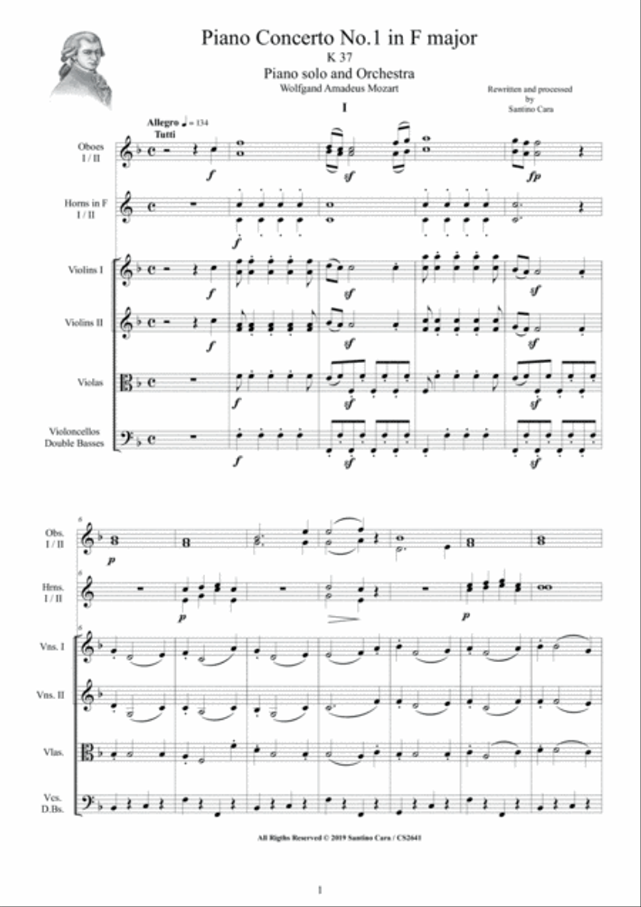 Mozart - Piano Concerto No.1 in F major K 37 for Piano solo and Orchestra - Score and Parts String Orchestra scores gallery preview page 1