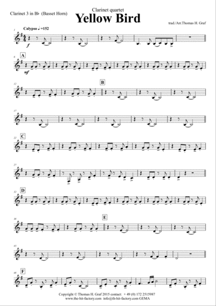 Yellow Bird - Haitian Folk Song - Calypso - Clarinet Quartet Clarinet Quartet scores gallery preview page 6