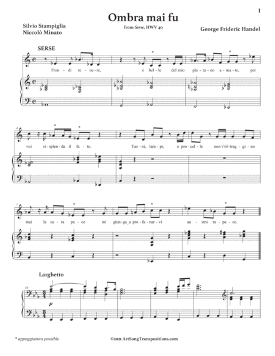 HANDEL: Ombra mai fu (transposed to E-flat major) Voice scores gallery preview page 2