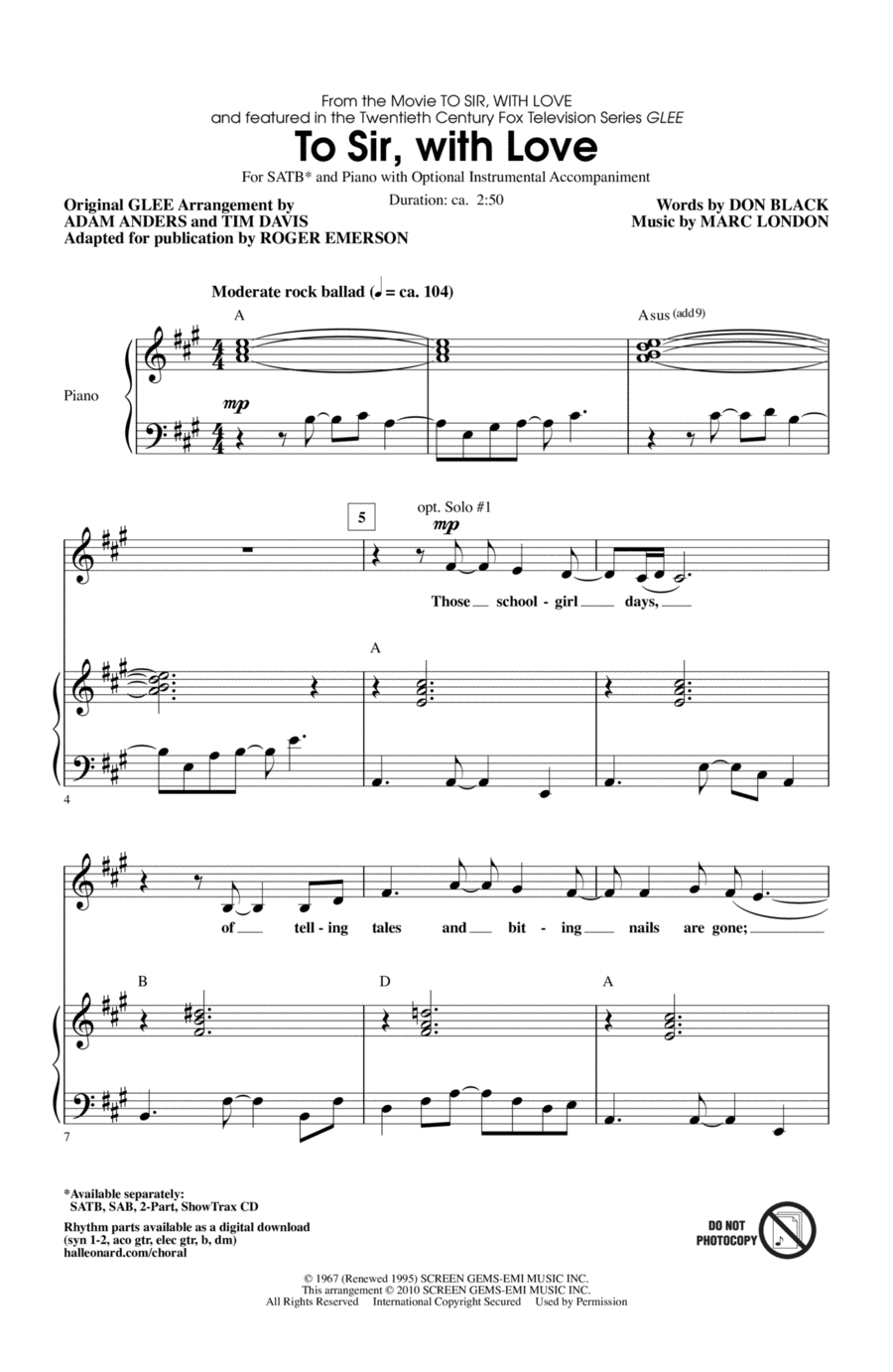 To Sir, With Love To Sir, With Love 4-Part scores gallery preview page 1