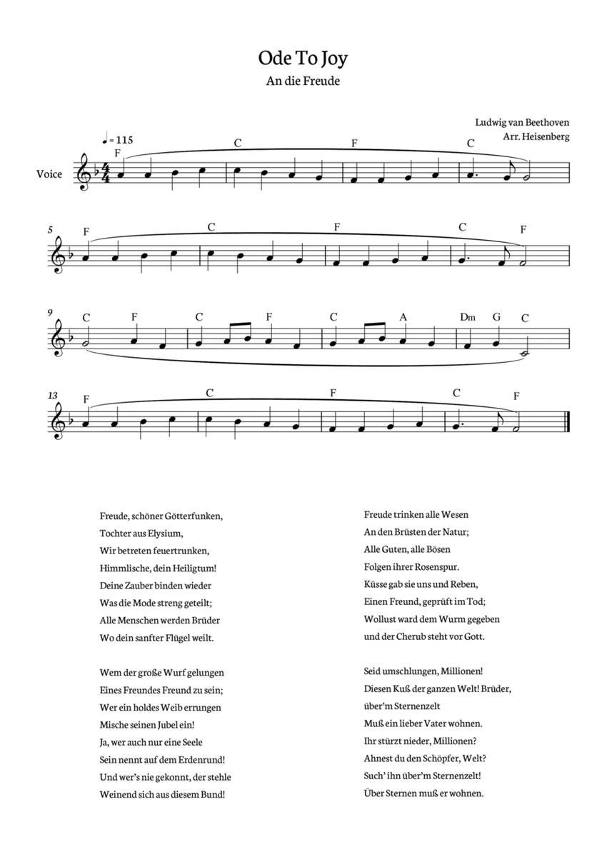 Beethoven - Ode To Joy for voice with chords in F (Lyrics in German)  image number null