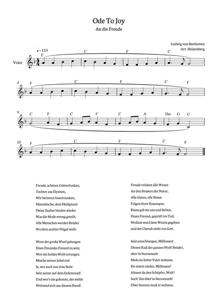 Beethoven - Ode To Joy for voice with chords in F (Lyrics in German)  image number null