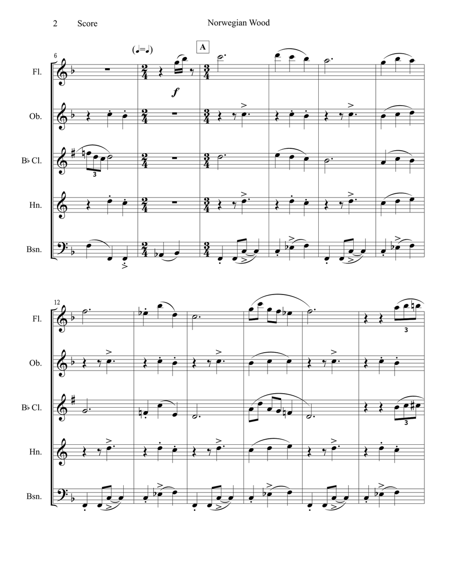 Norwegian Wood (This Bird Has Flown) Woodwind Quintet scores gallery preview page 3