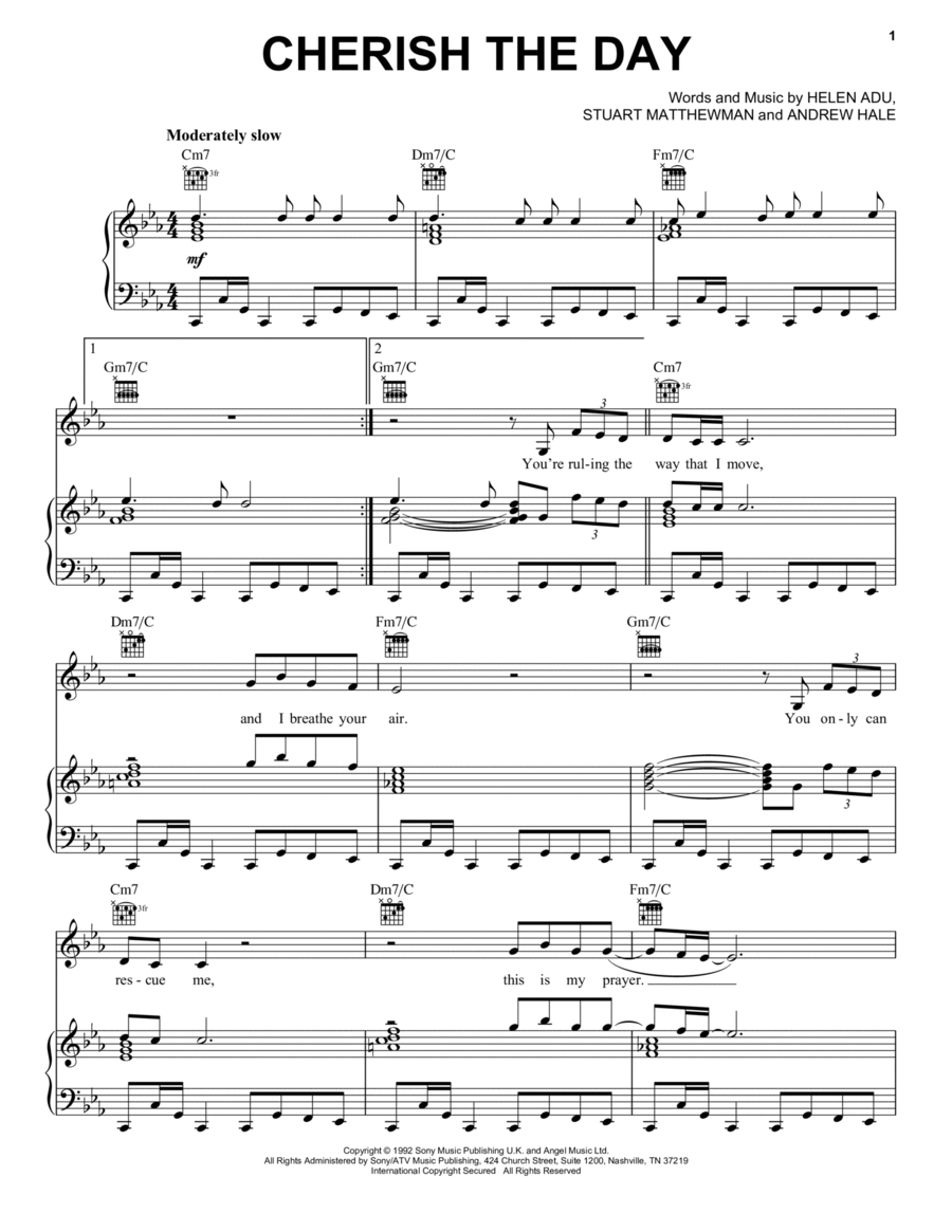 Cherish The Day Piano, Vocal, Guitar scores gallery preview page 1