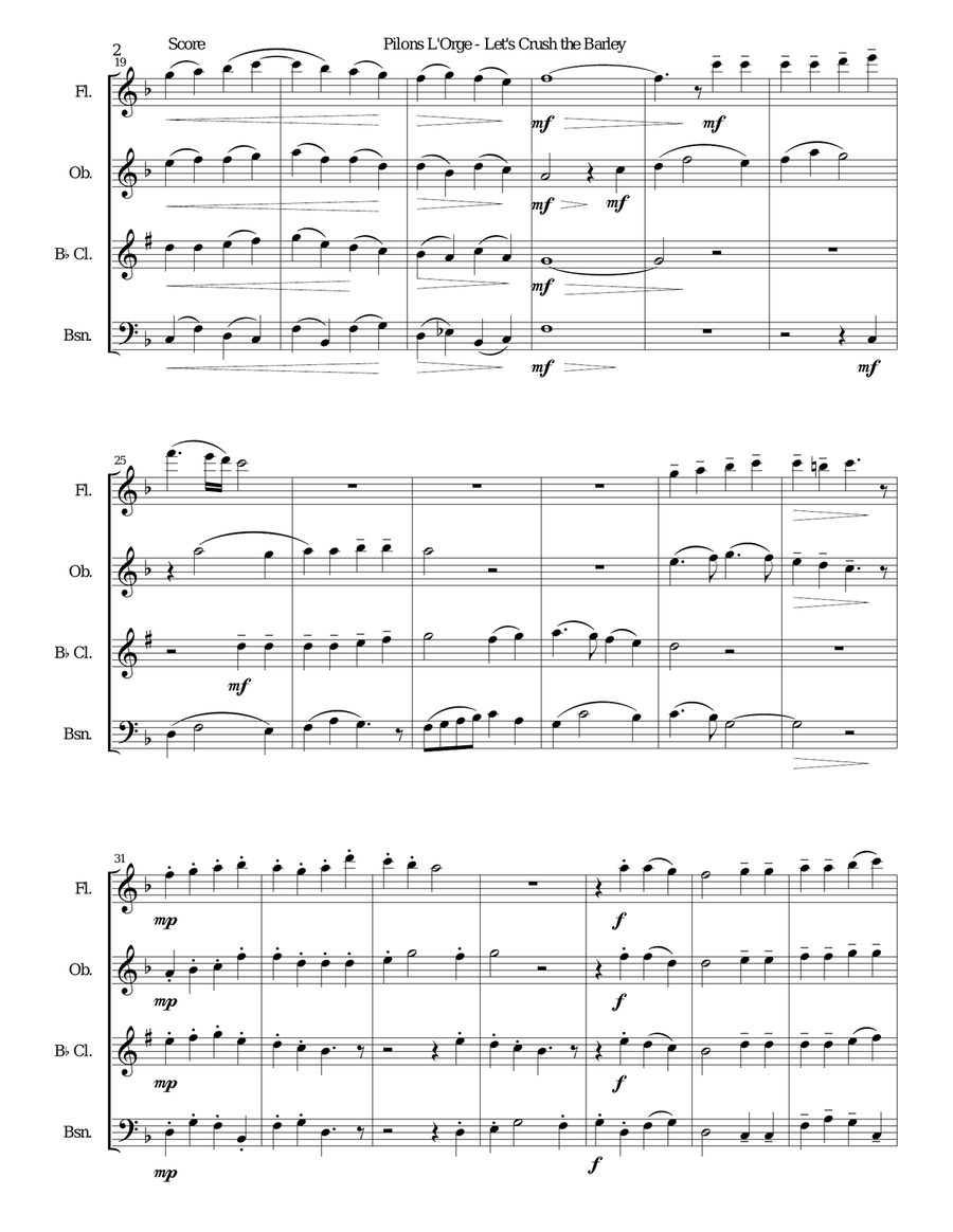 Pilons l'orge (Let's crush the barley) arranged for wind quartet Woodwind Quartet scores gallery preview page 2