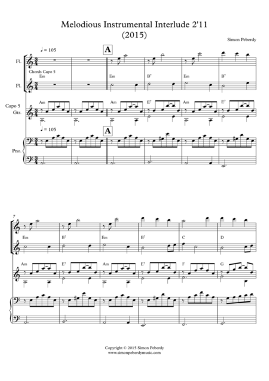 Instrumental Interlude 2'11 for 2 flutes, guitar and/or piano by Simon Peberdy Flute scores gallery preview page 2