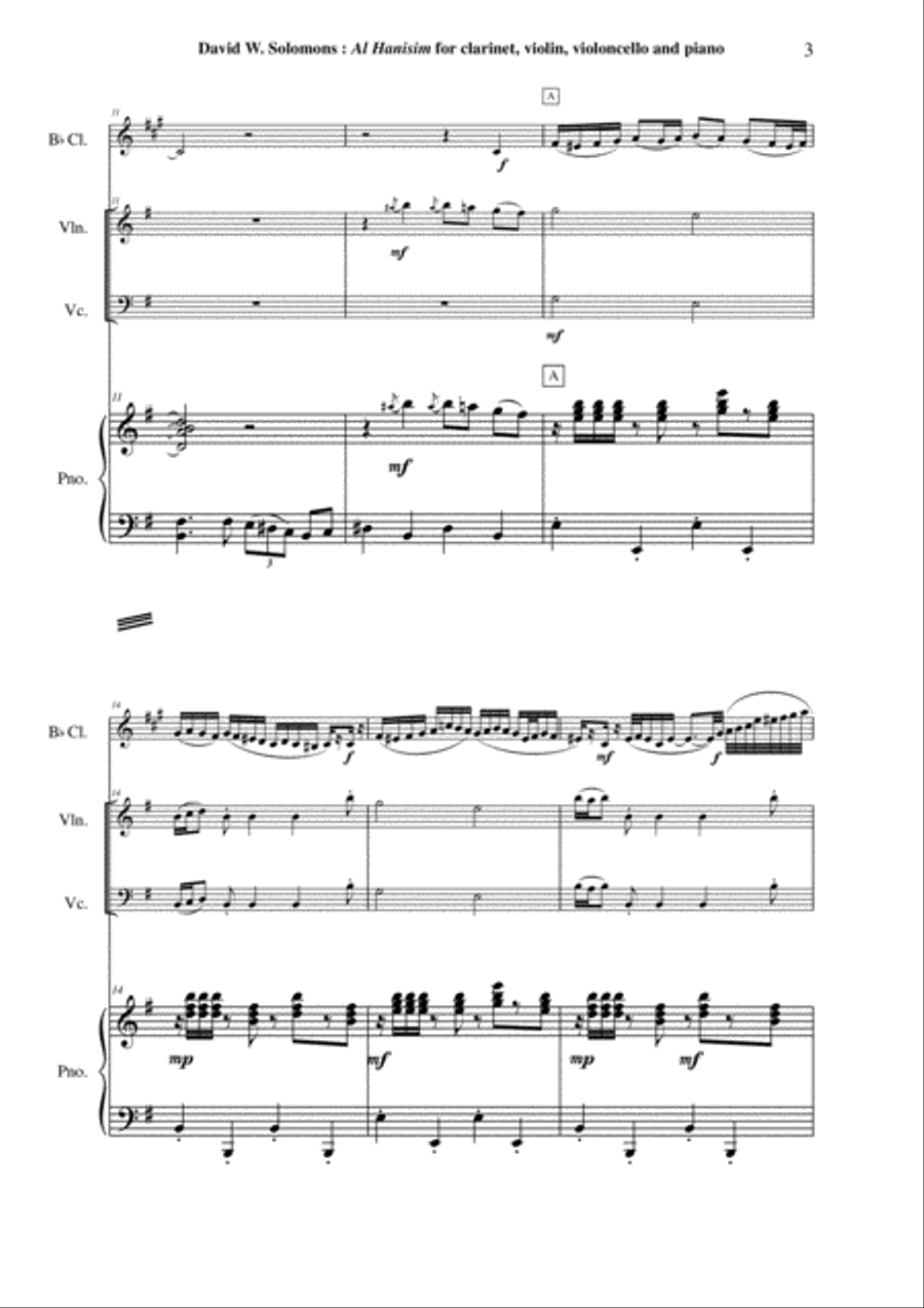 David Warin Solomons: Al Hanisim : A Chanukkah Celebration for Bb clarinet, violin, cello and piano Small Ensemble scores gallery preview page 3