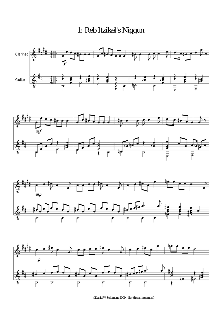Reb Itzikel's niggun (Song of Rabbi Ezekiel) for clarinet and guitar Clarinet scores gallery preview page 1
