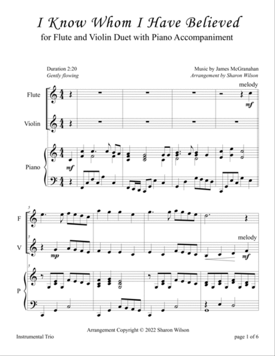 I Know Whom I Have Believed (for Flute and Violin Duet with Piano Accompaniment) Flute scores gallery preview page 5