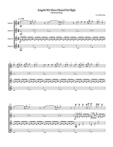 Angels We Have Heard On High for Guitar Quartet. Score and parts included. image number null